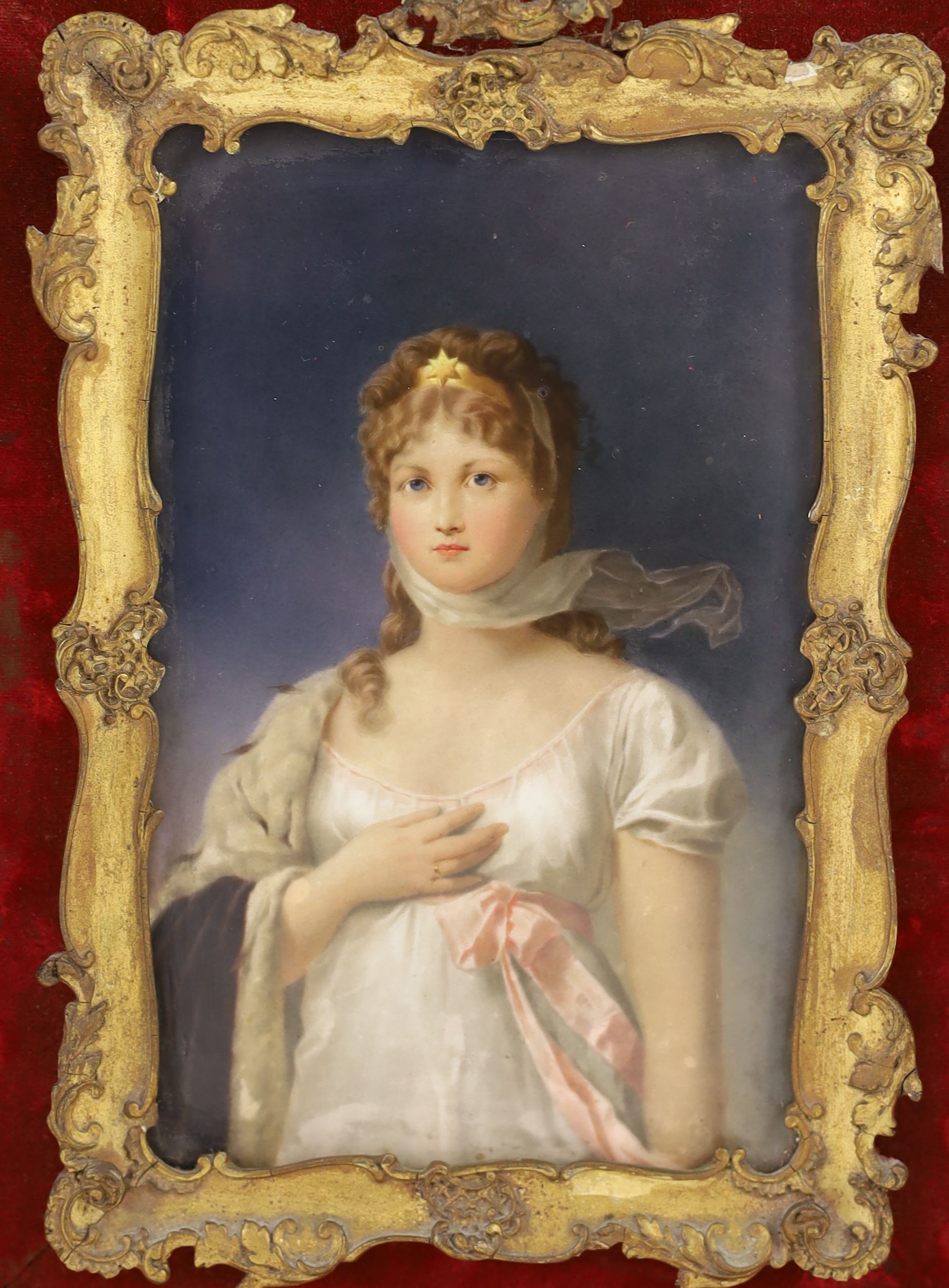 A KPM Berlin porcelain plaque painted with the Queen of Prussia, Louise of Mecklenburg-Strelitz, late 19th century, Plaque 18.5 cm x 12 cm, grubby image